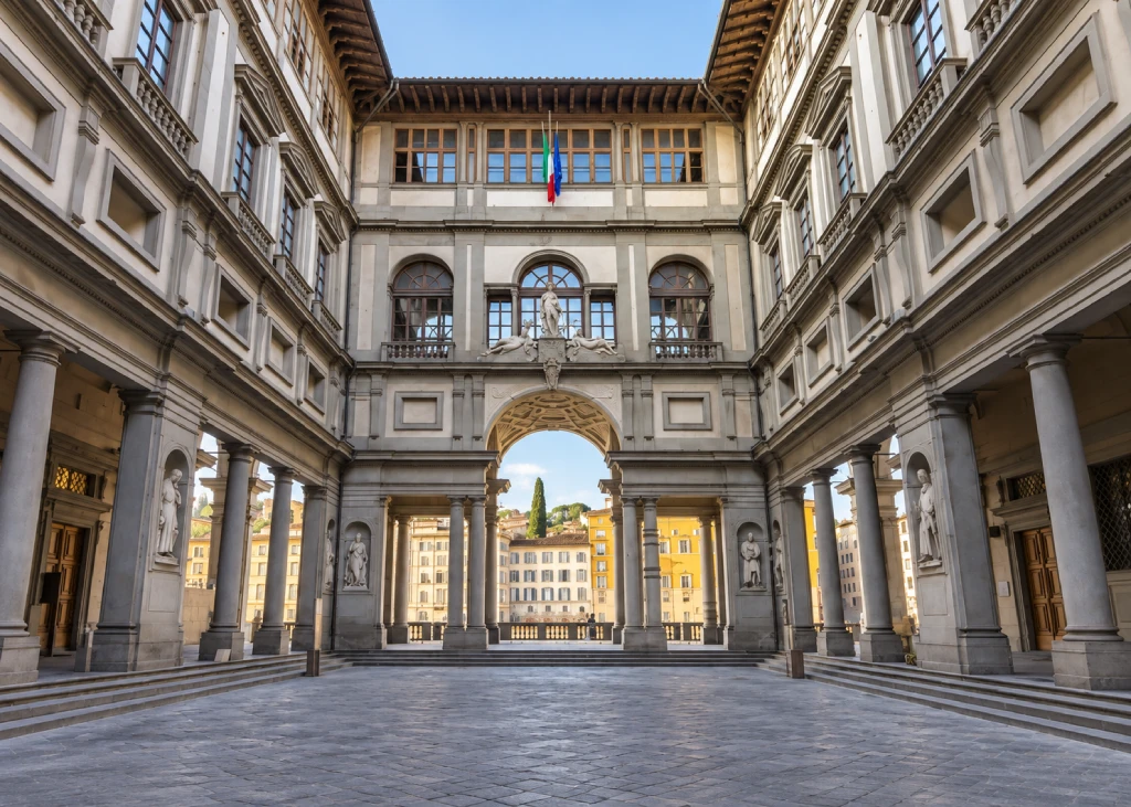 Cortile della Galleria degli Uffizi a Firenze con loggiati e architettura rinascimentale